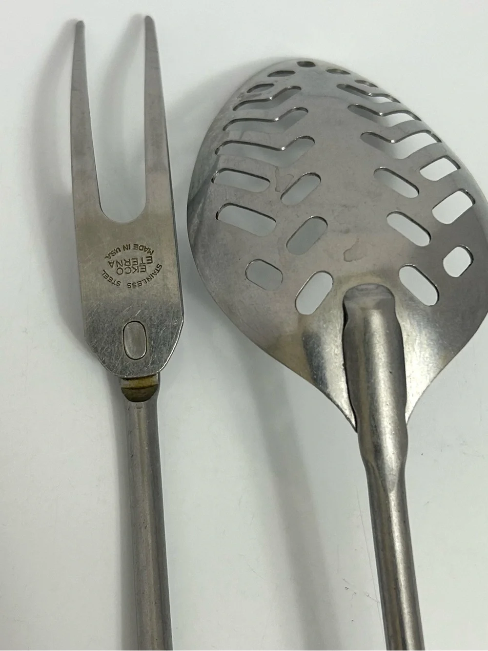 Ekco Eterna Stainless Slotted Serving Spoon & Carving Fork Brown Wood Handles